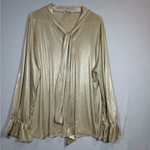 Plus Sportswear 22/24W Gold Shimmer Blouse Tie Neck Metallic Long Sleeve Top